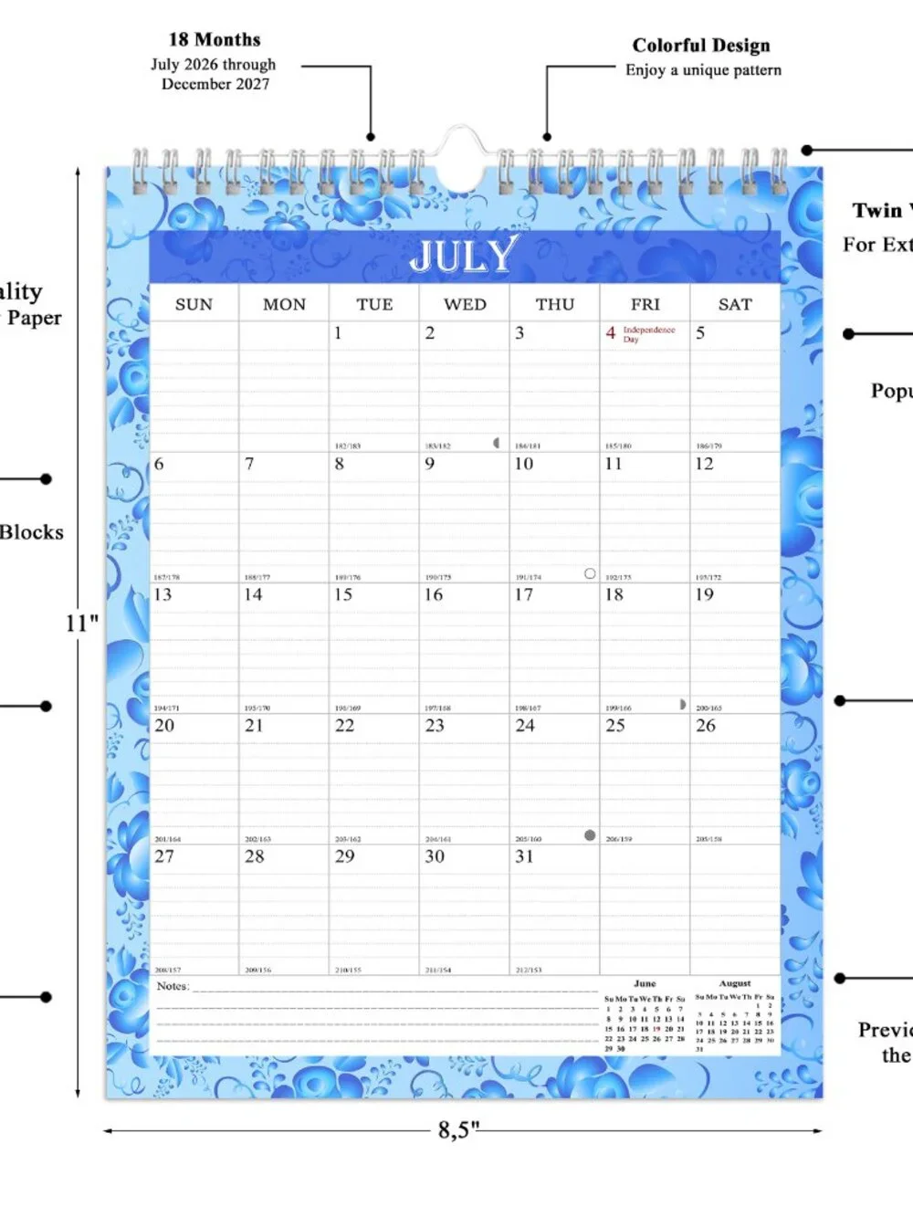 2026-2027 Wall Calendar Spiral-bound Twin-Wire Binding - 18 Months 8.5